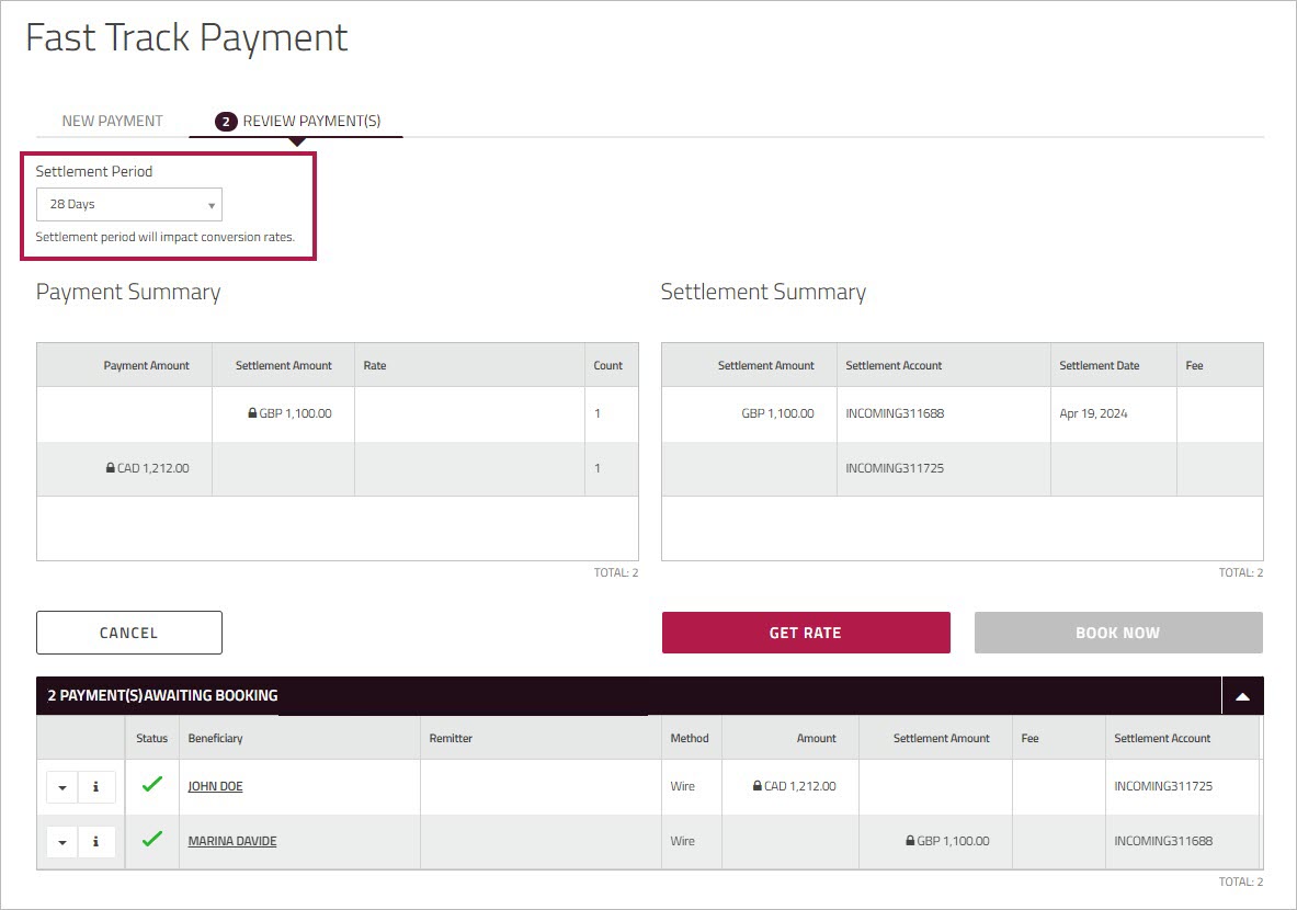 Settlement Period dropdown